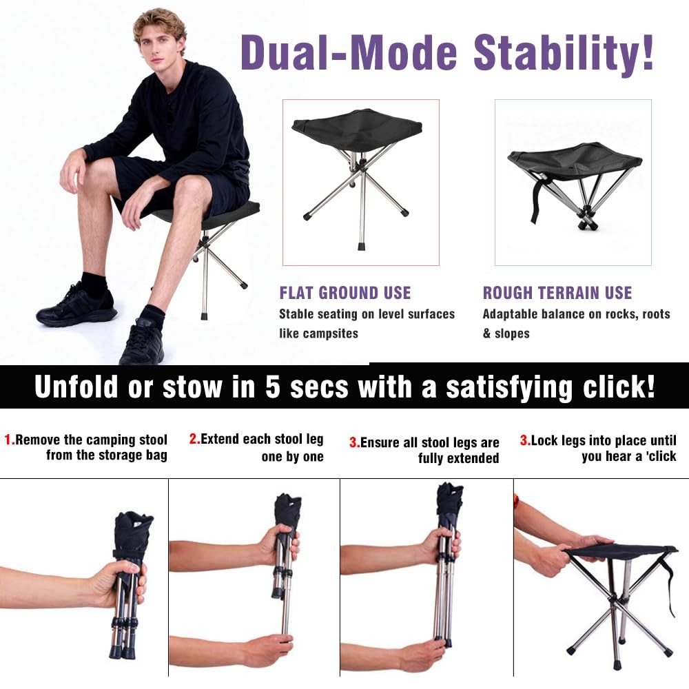 Lightweight Foldable Camping Stool, Adjustable Height, Quick Setup, 275lbs Limit