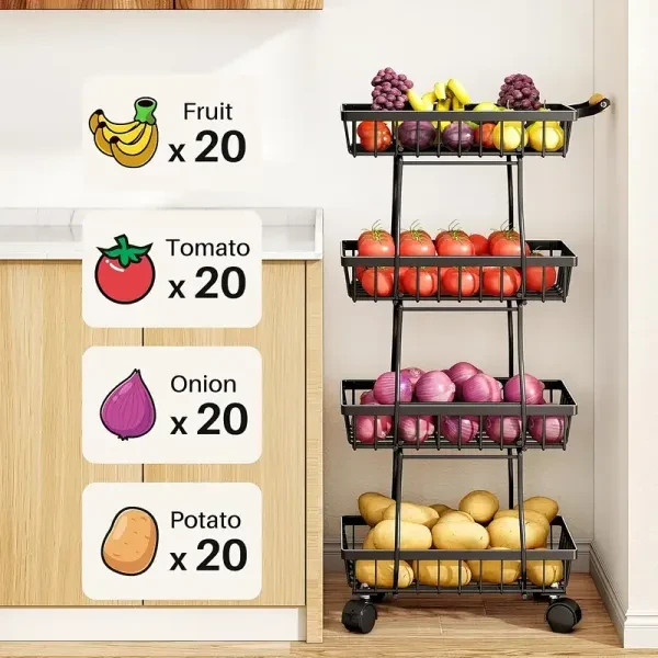 4 Tier Stackable Metal Vegetable Storage Rack with Wheels Rotating Corner Kitche