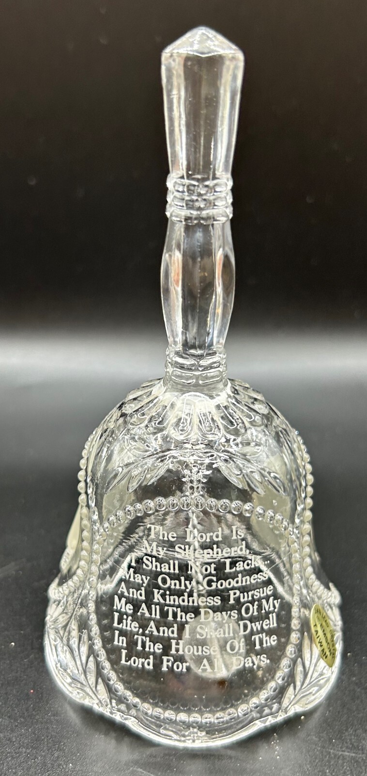 VINTAGE GLASS BELL THE LORDS PRAYER PRAYING HANDS ETCHED ON CRYSTAL EMSON TAIWAN