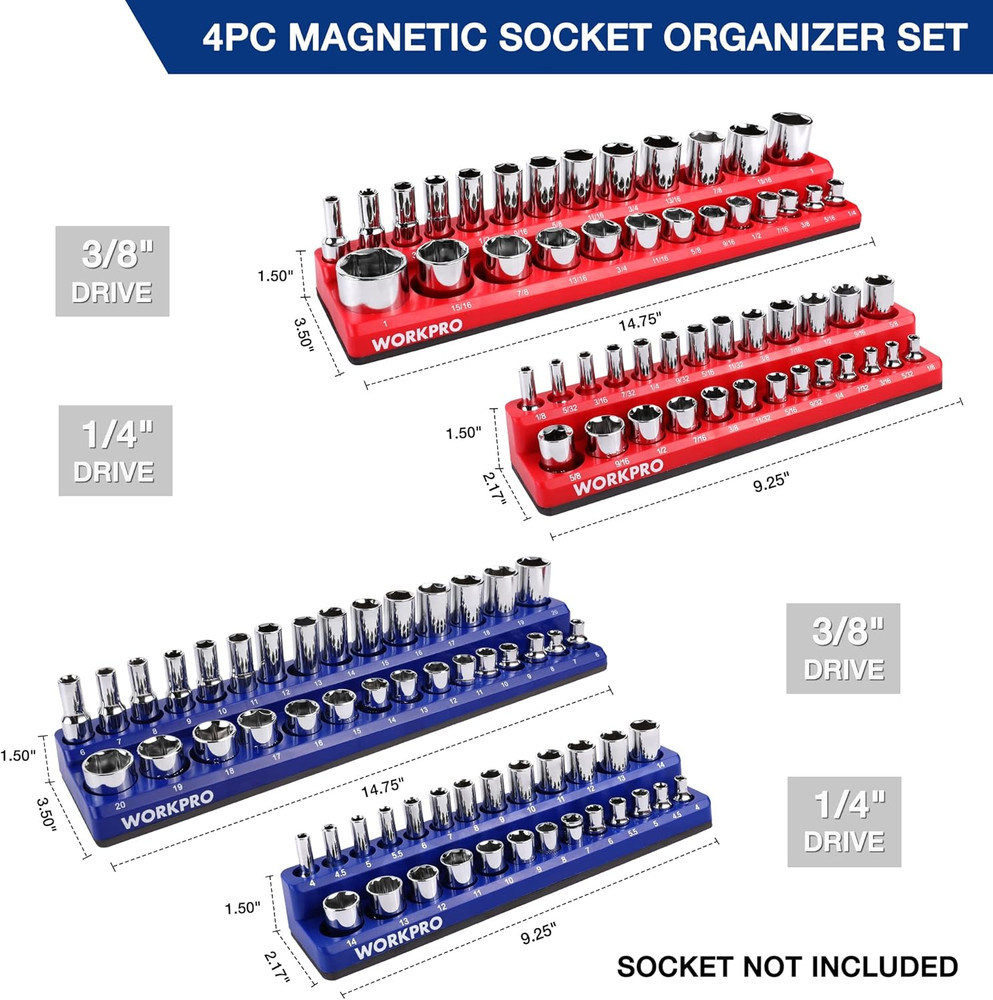 Magnetic Socket Organizer Set, 4-Piece Socket Holder Set Includes 1/4", 3/8" Dri