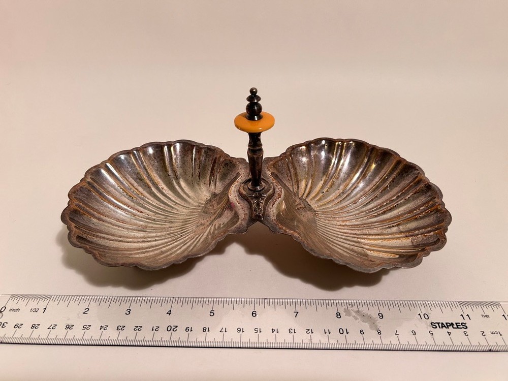 Vintage Silver Plated Double Shell Candy Dish w/ Bakelite Trim Handle