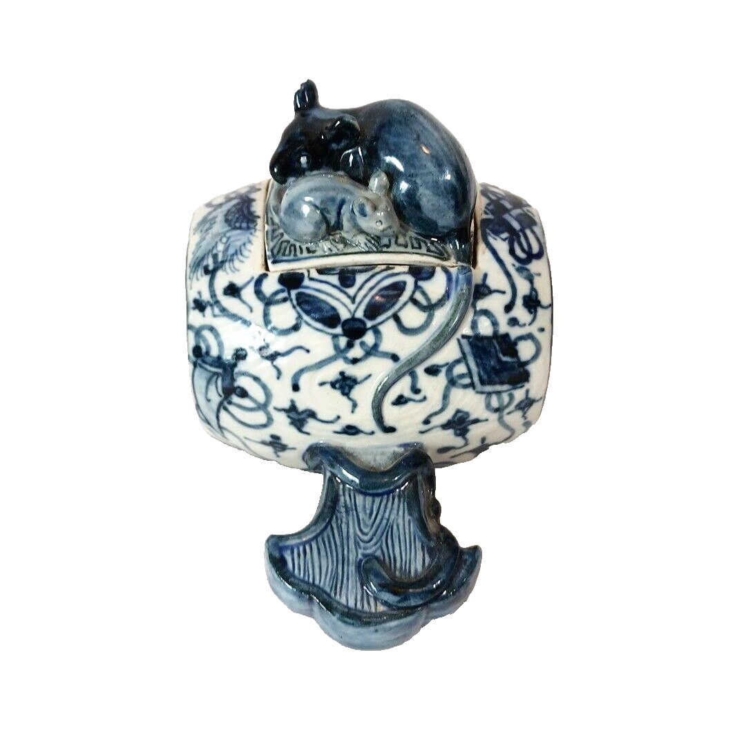 Antique Chinese Blue White Porcelain Mouse Incense Burner Box Signed REPAIR
