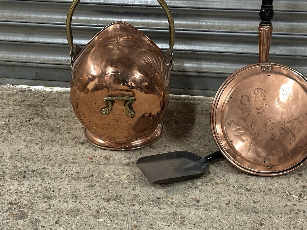 Antique 19thC Copper Coal Scuttle With Pin Hammered Pattern Bed Warmer