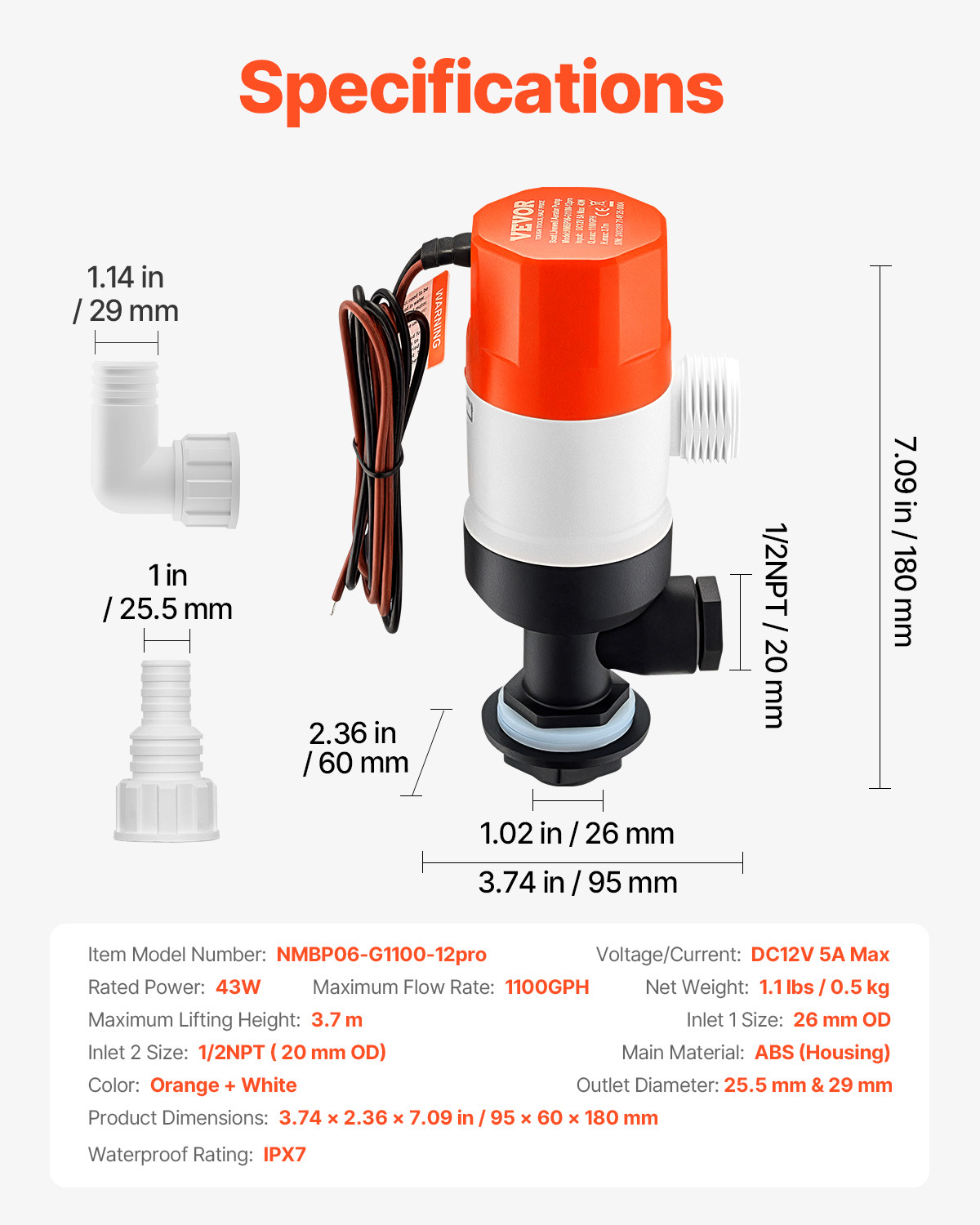 Livewell Pump for Boat 12V 1100GPH Livewell Aerator Pump Straight 2 Inlets