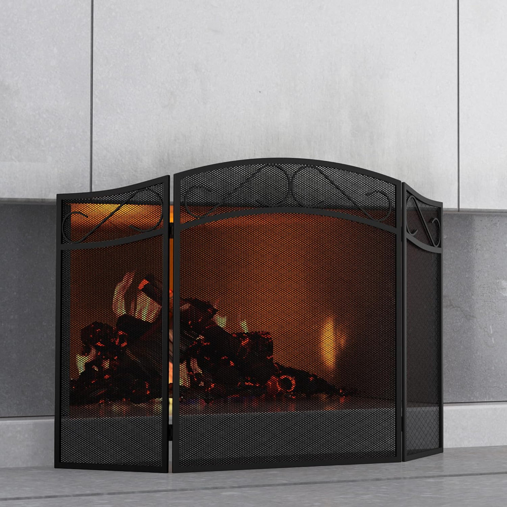 Foldable 3-Panel Wrought Iron Fireplace Screen with Mesh Spark Guard - Black