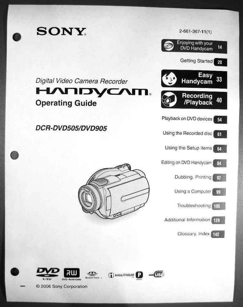 Sony DCR-DVD505 DCR-DVD905 Operating Guide User's Manual