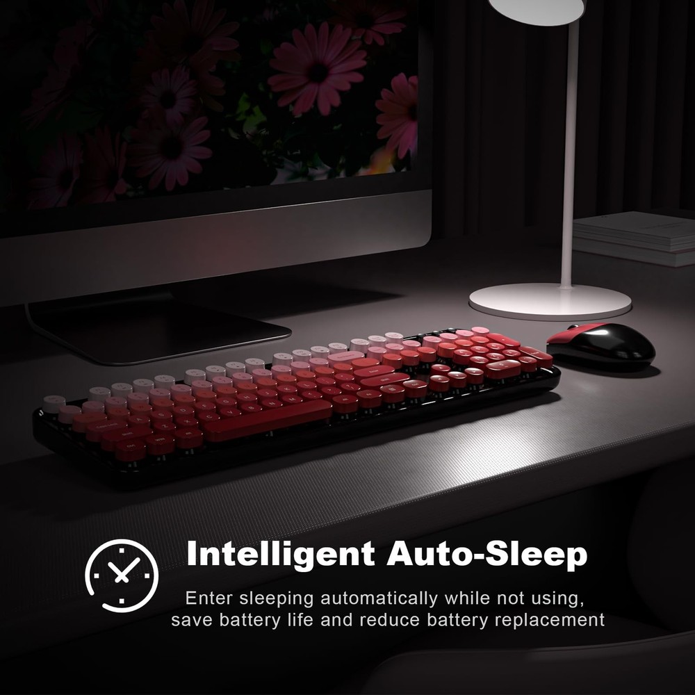Wireless Keyboard Mouse Combo 2.4GHz Retro Typewriter Black Red Gradient