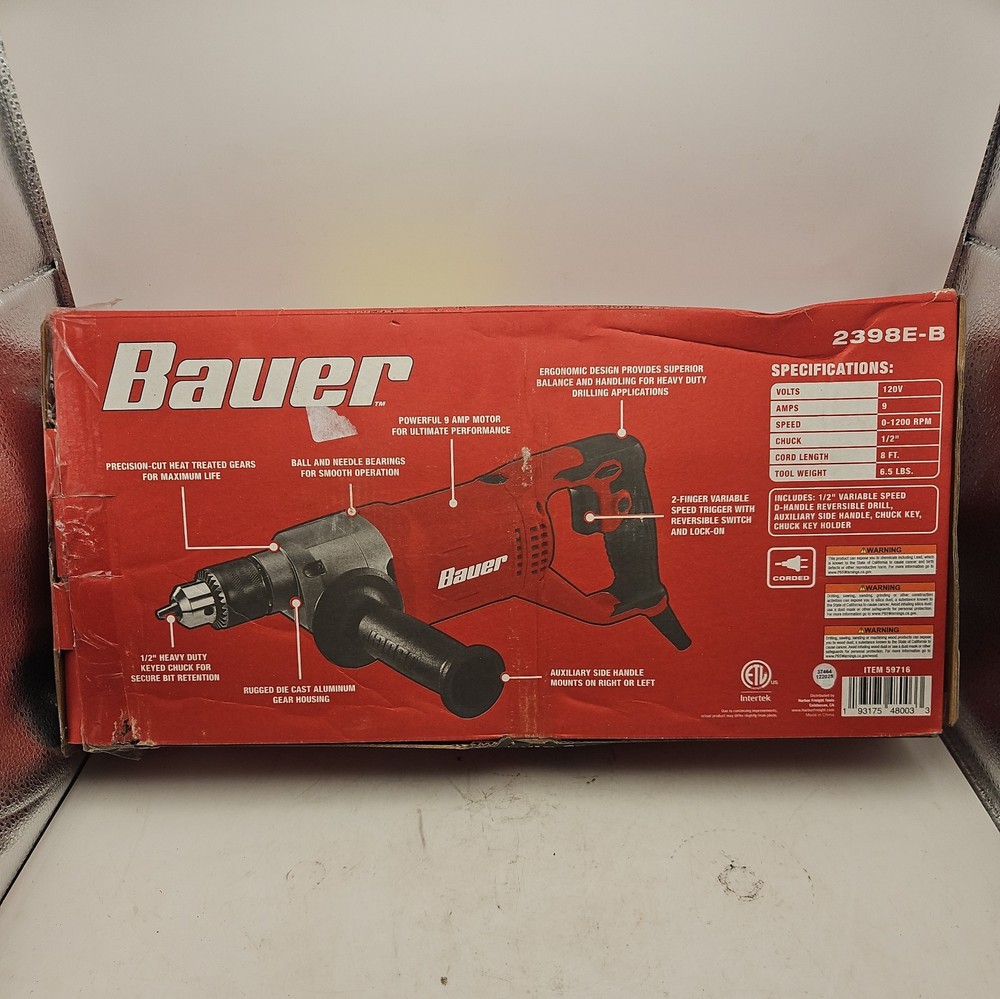 Bauer D-Handle Drill 9-amp 1/2” Variable Speed 2398E-B USED ONCE