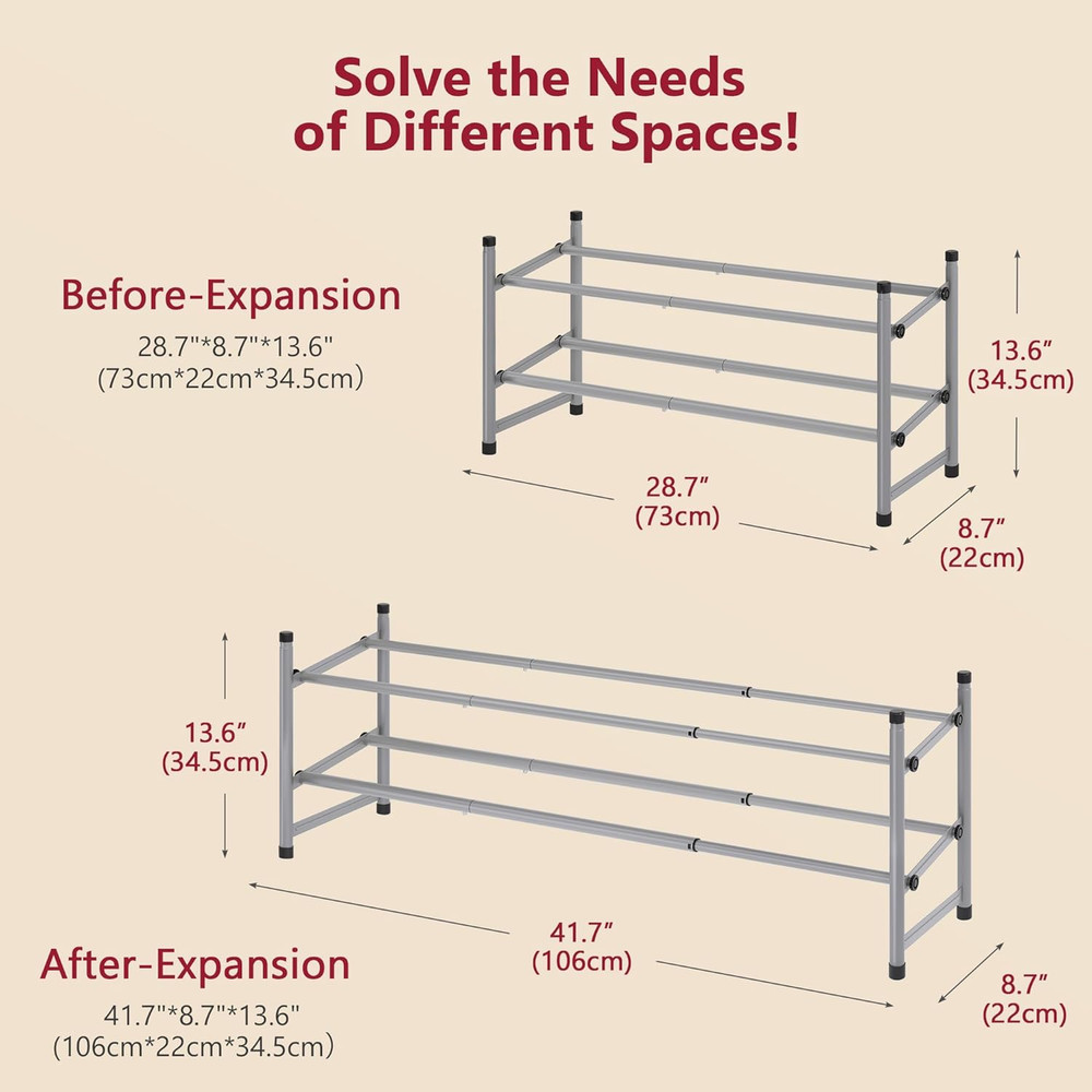 2 Tier Expandable Shoe Rack for Closet, 28“-41“Adjustable & Stackable Shoe Shelf