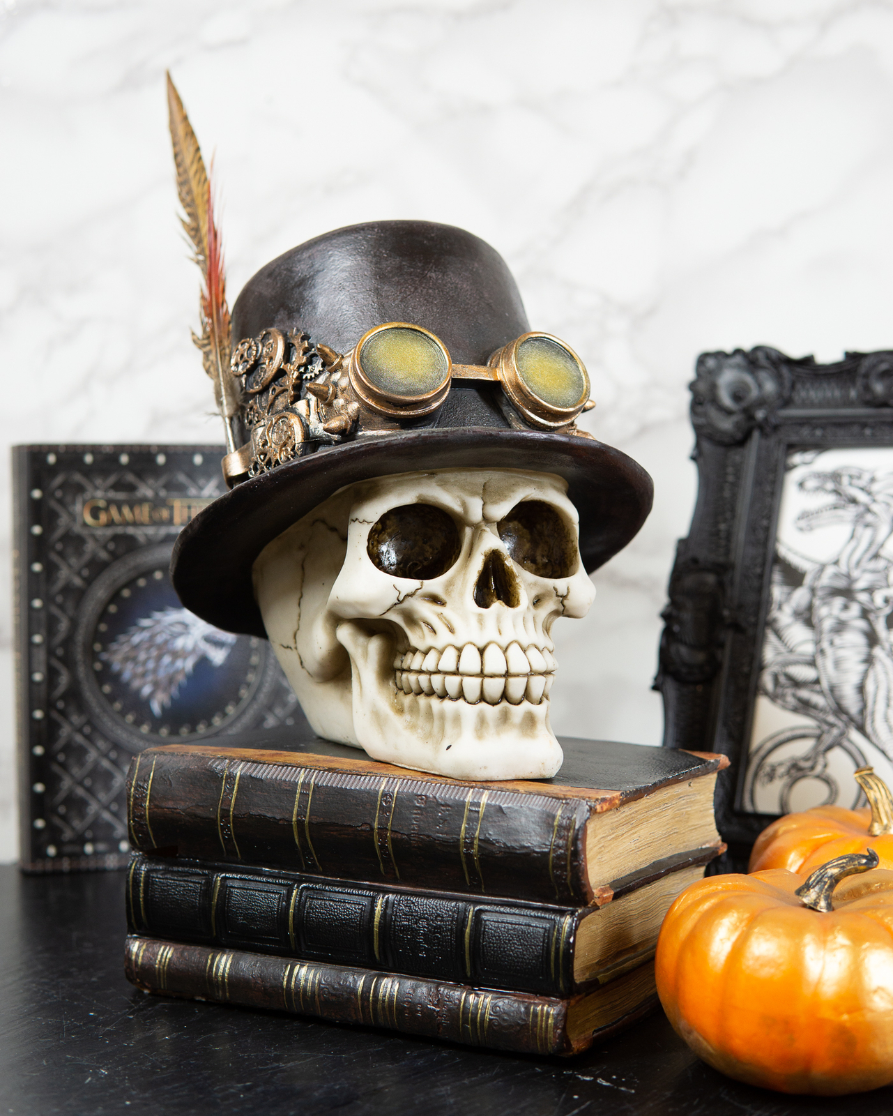 Ebros Steampunk Aristocrat W/ Royal Feather & Aviator Goggles Skull Figurine