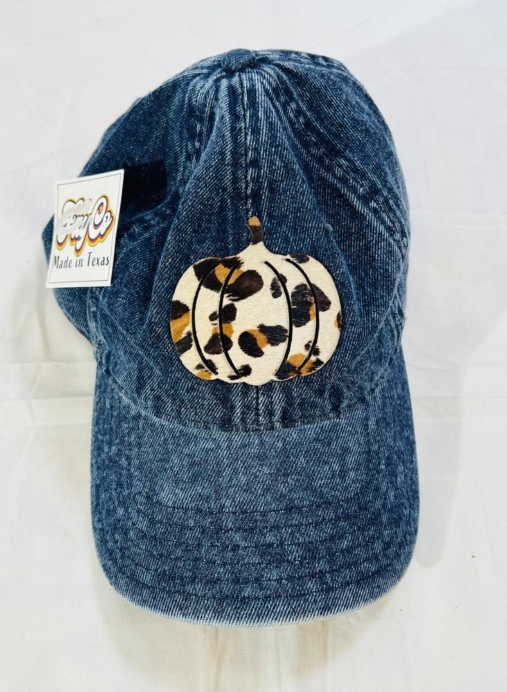 FayCo Hat Cap Strap Back Denim Leopard Pumpkin Fall Distressed One Size Womens