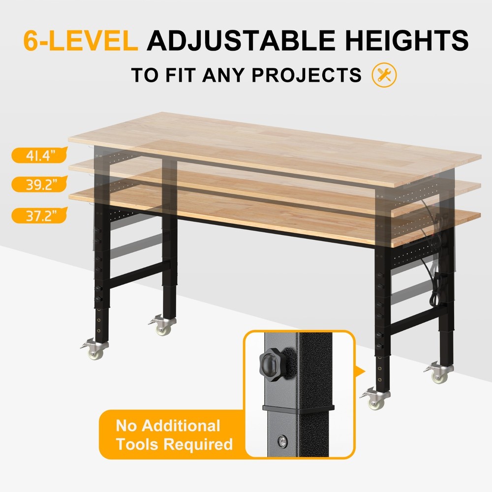 70'' Adjustable Workbench with Socket, Wheels ,Fixed Legs and Hanging Board