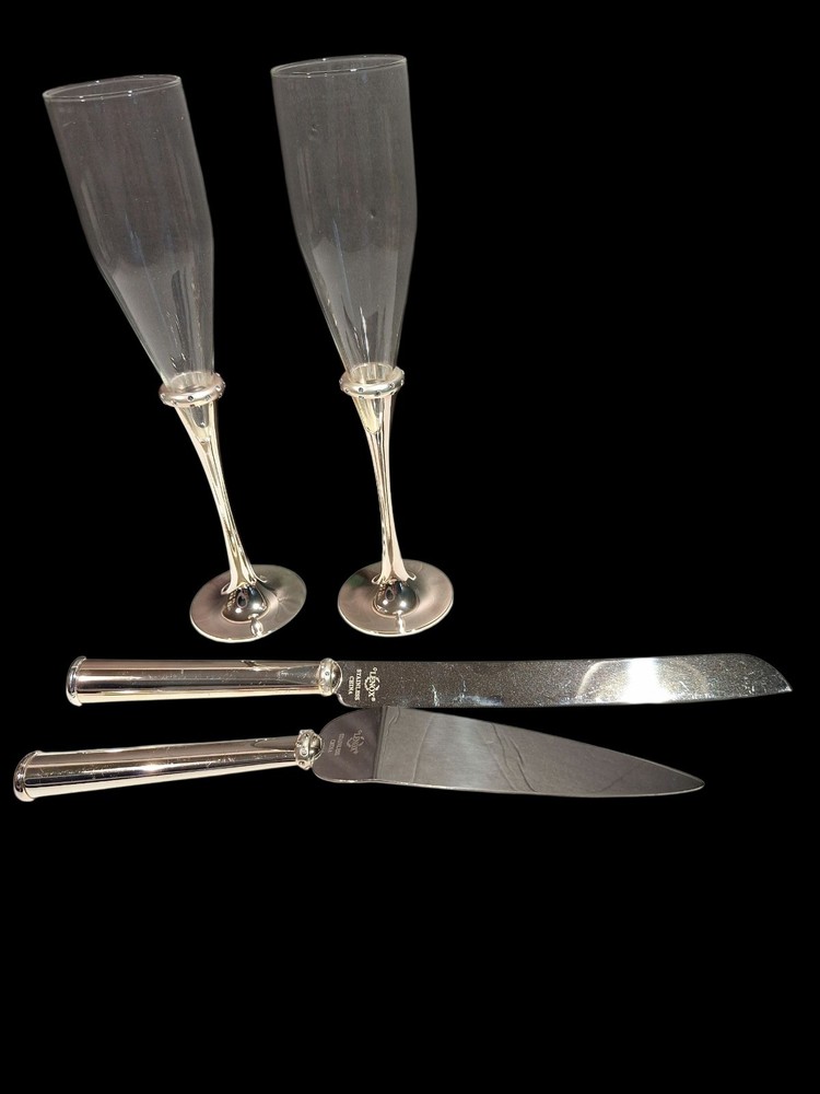 Lenox 4 Piece Wedding Set Devotion Stainle Silverplate Knife Server 2 Flutes