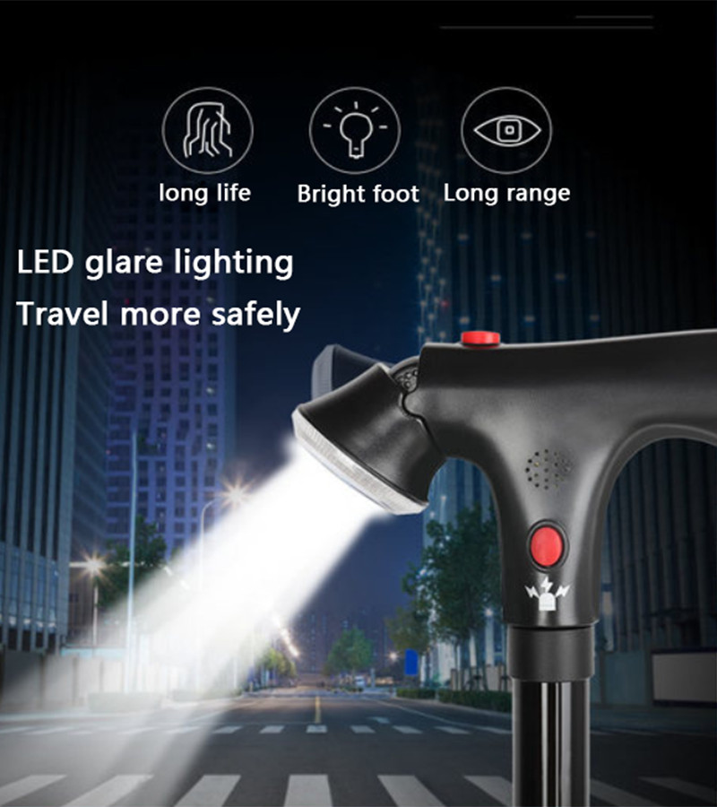 Folding Adjustable Walking Stick Cane with LED Torch & Alarm button Strap Handle