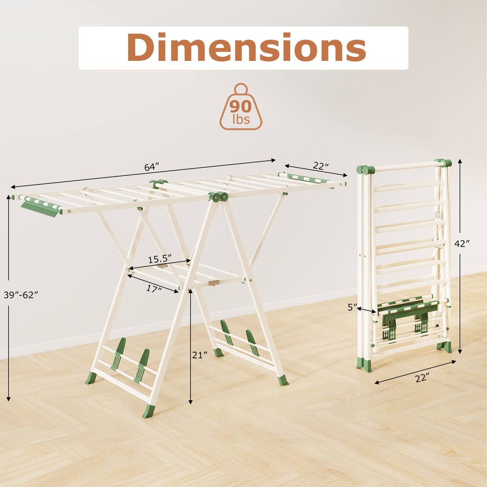 Foldable Metal Laundry Drying Rack w/Height Adjustable Wings, 18 Drying Rails