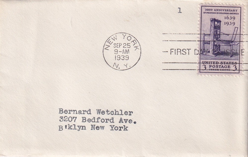 STAMP US SCOTT 857 "S. Daye Press" 3 CENT 1939 FDC - B