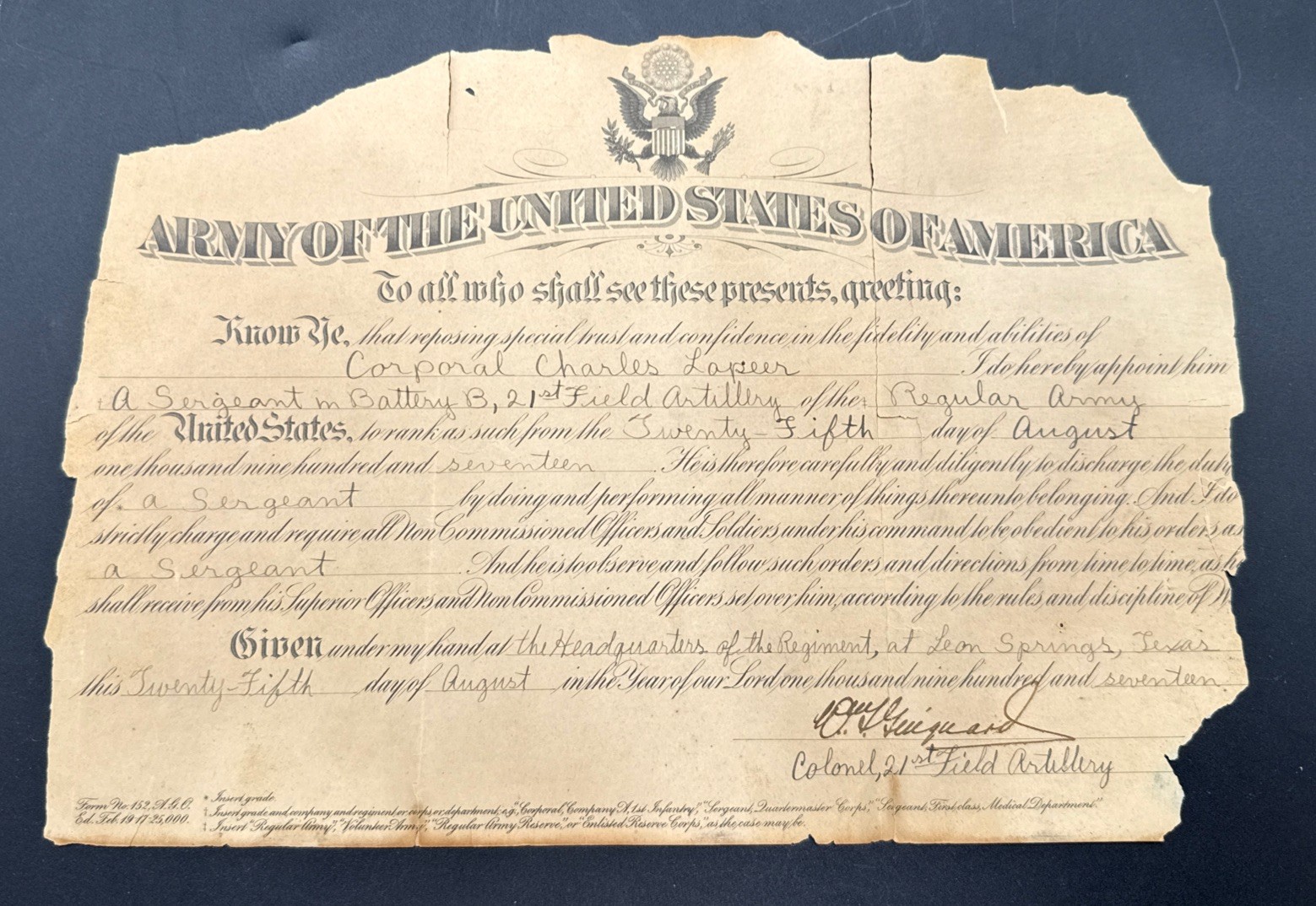 WWI 1917 5th Infantry Division 21st Field Artillery promotion certificate AEF