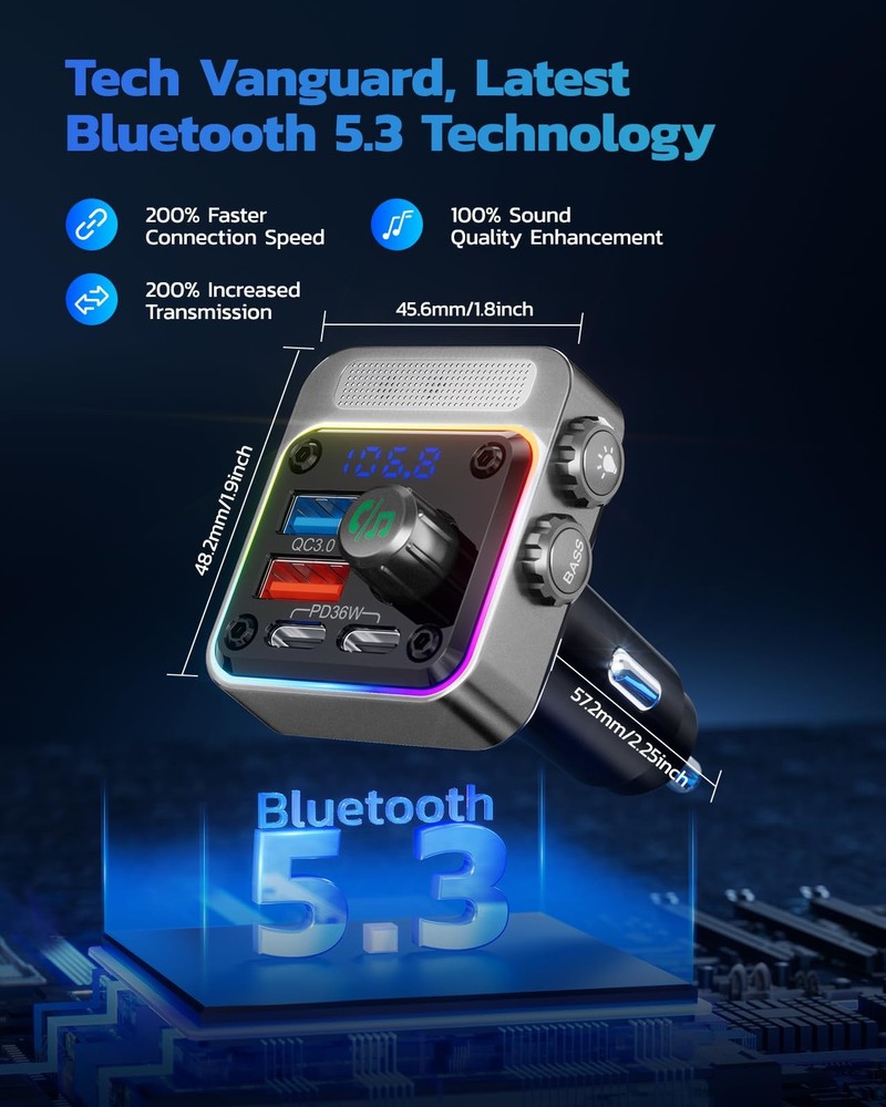 Nulaxy 54W Bluetooth 5.3 Car Adapter with 4 Charging Ports [PD 36W & Silver