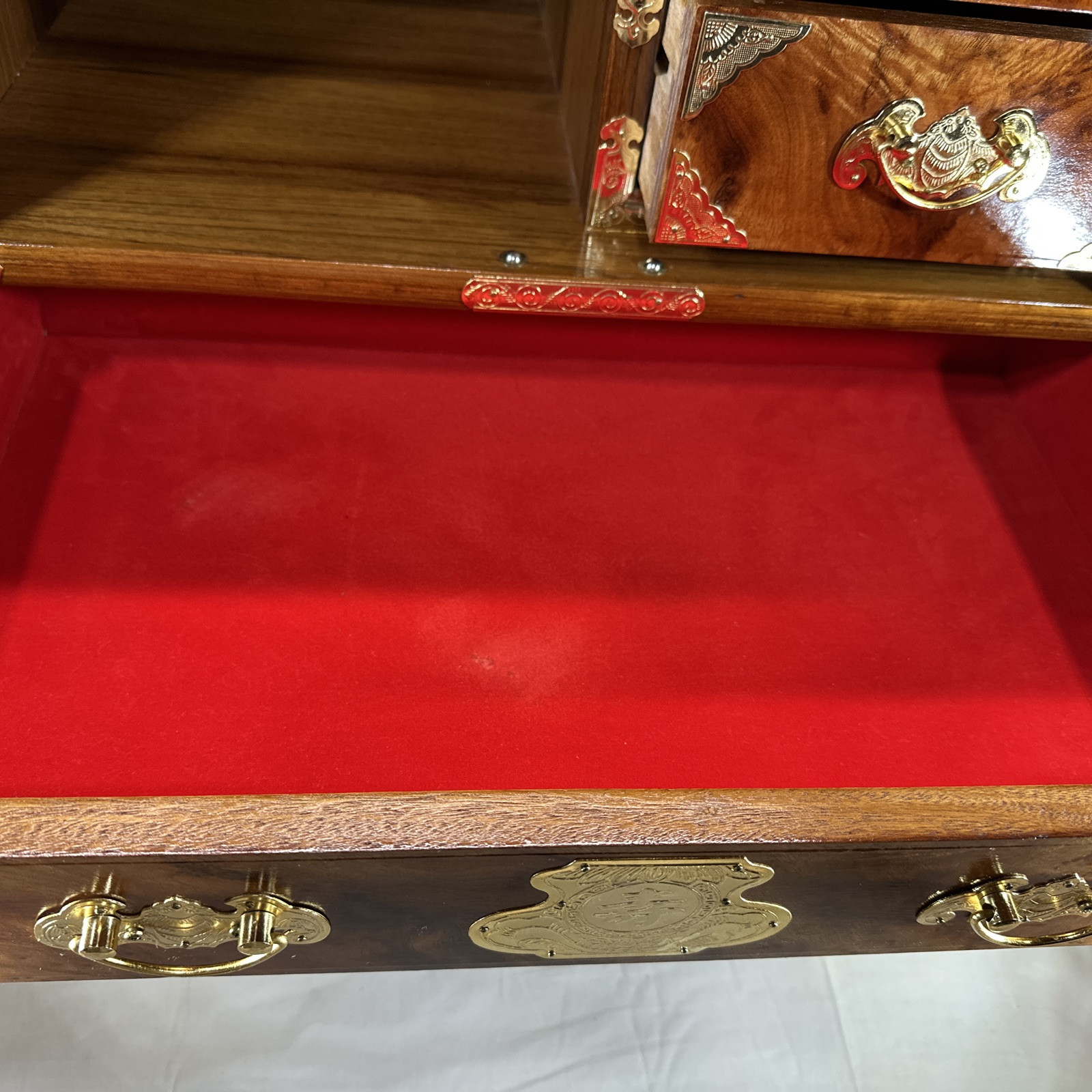 Vintage Asian Burl Wood and Brass Tansu Chest Mid Century 1970's Elegant