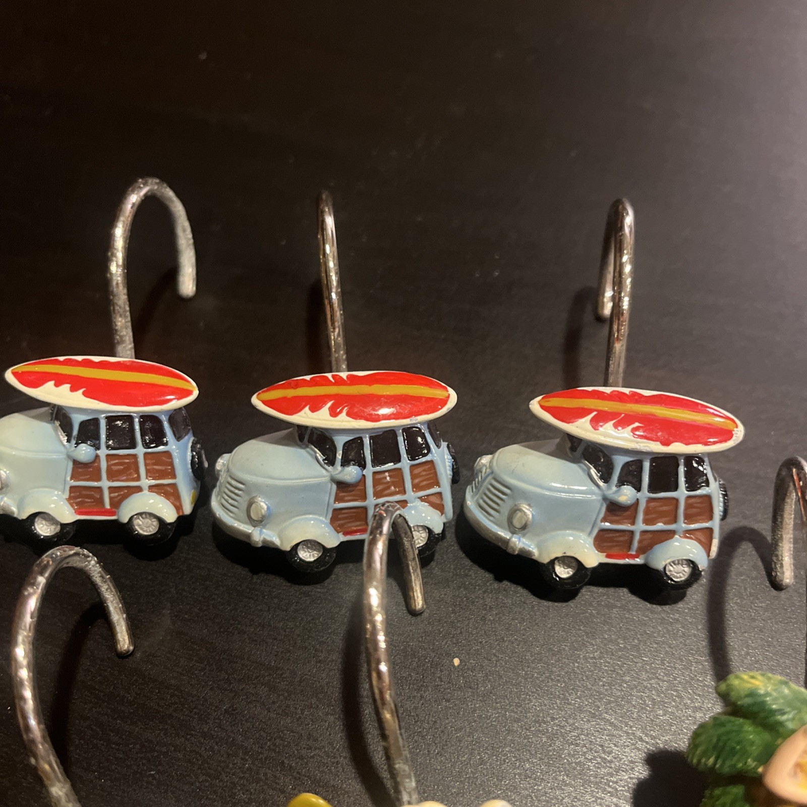 Vintage Set of 10 Shower Curtain Hooks Rings Metal Resin Palm Hawaii Beach Surf