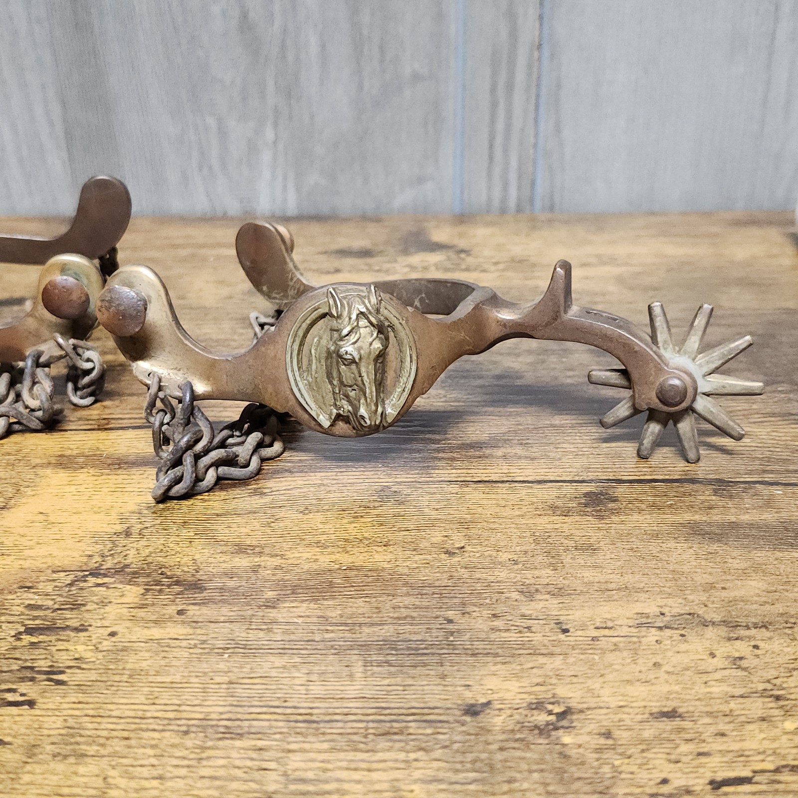 Antique Horse Head Western Spurs Star Mark August Buermann Era Bronze Toned