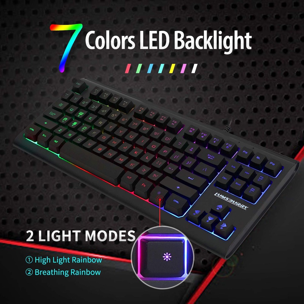 Computer Keyboard, 87 Keys Compact Wired USB Keyboard with Rainbow LED Light ...
