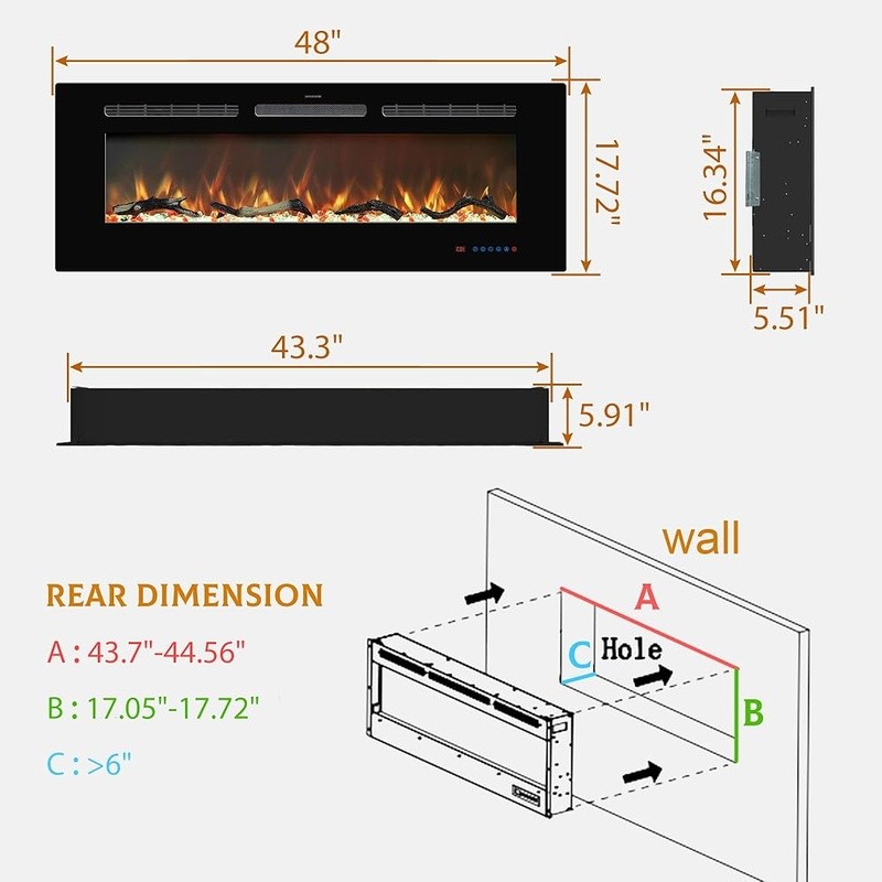 Electric Fireplace Insert Wall Mounted Heater Remote Control Multicolor Flame US