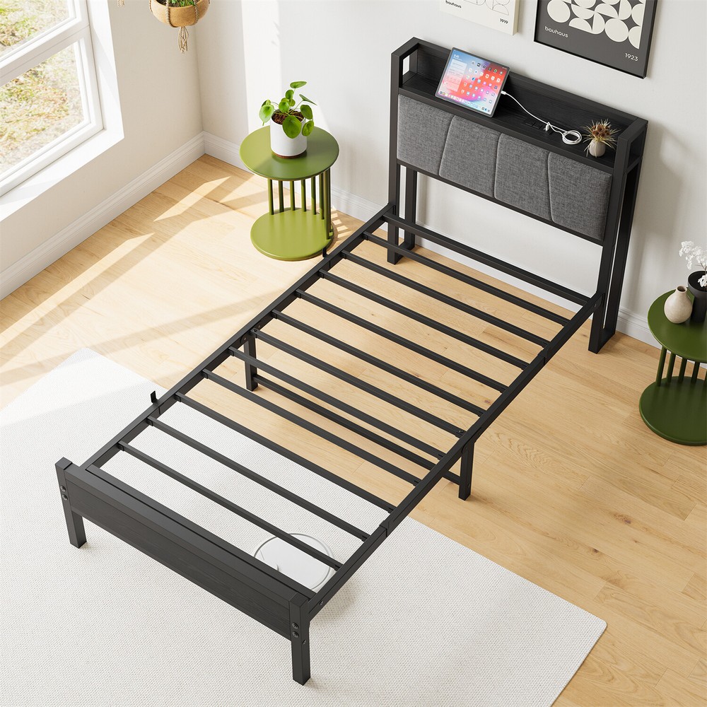 Twin/Full Size Bed Frame Metal Platform Bed Frame with Storage Headboard Black