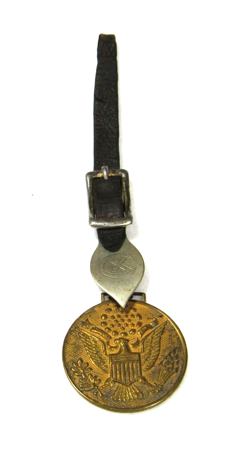 WWI US ARMY BRASS EAGLE WATCH FOB W/ LEATHER STRAP