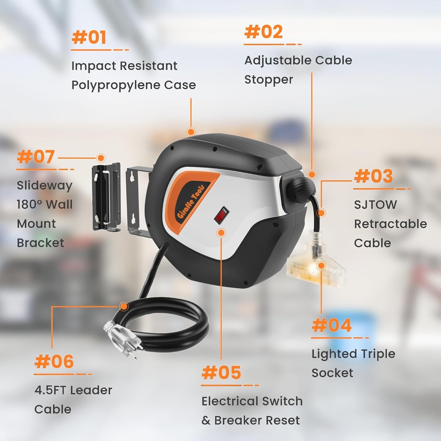 Giraffe Tools DE14 Retractable Extension Cord Reel Power Cord Reel 50FT 14/3AWG