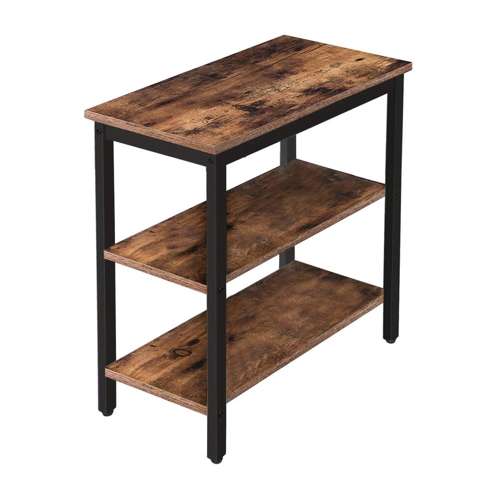 End Table, Simple Rustic Side Table with 3-Tier Storage Shelf, Narrow Nightst...