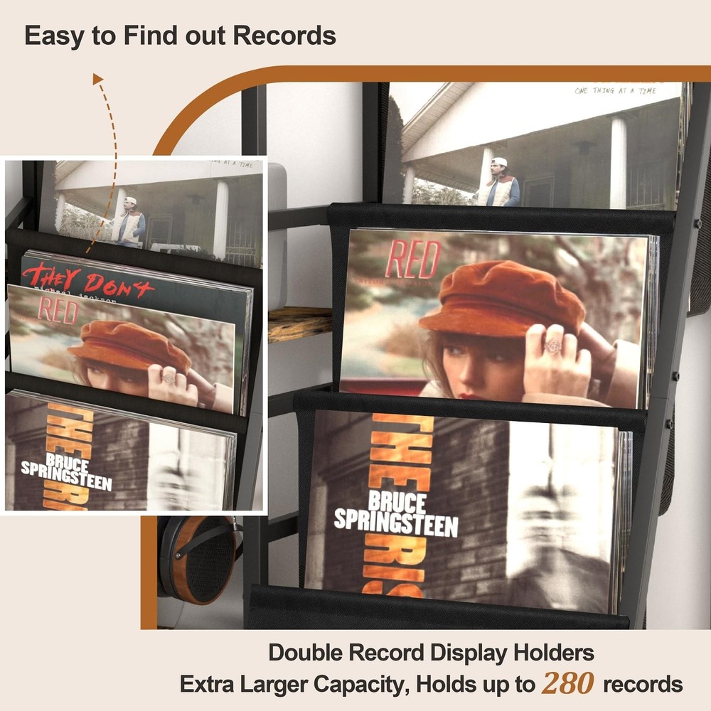Record Player Stand with Vinyl Storage, Two-side storage-Black&Brown