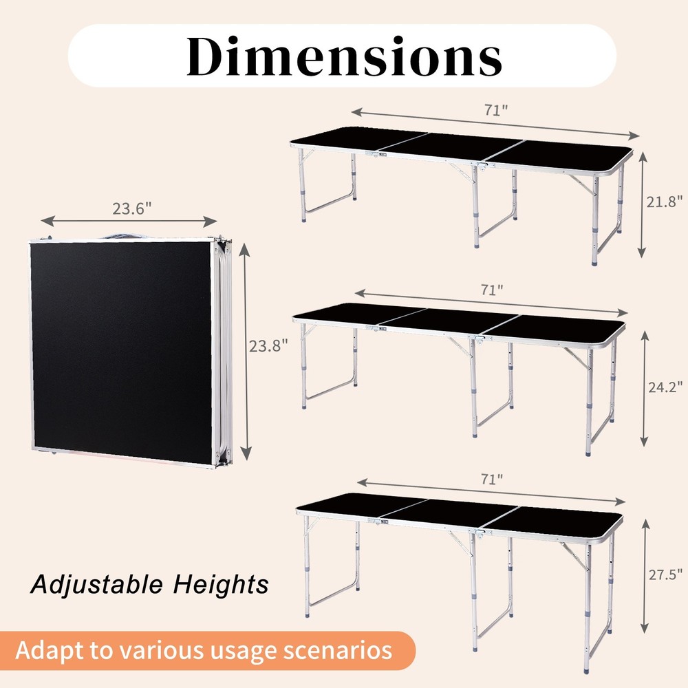 Folding Camping Table 6ft - Adjustable Height, Aluminum & Black Patio Table