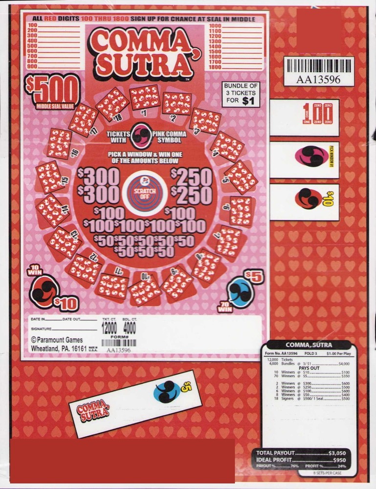 Pull Tab Ticket- Jar - Game - Comma Sutra - Windows - 4,000 ct
