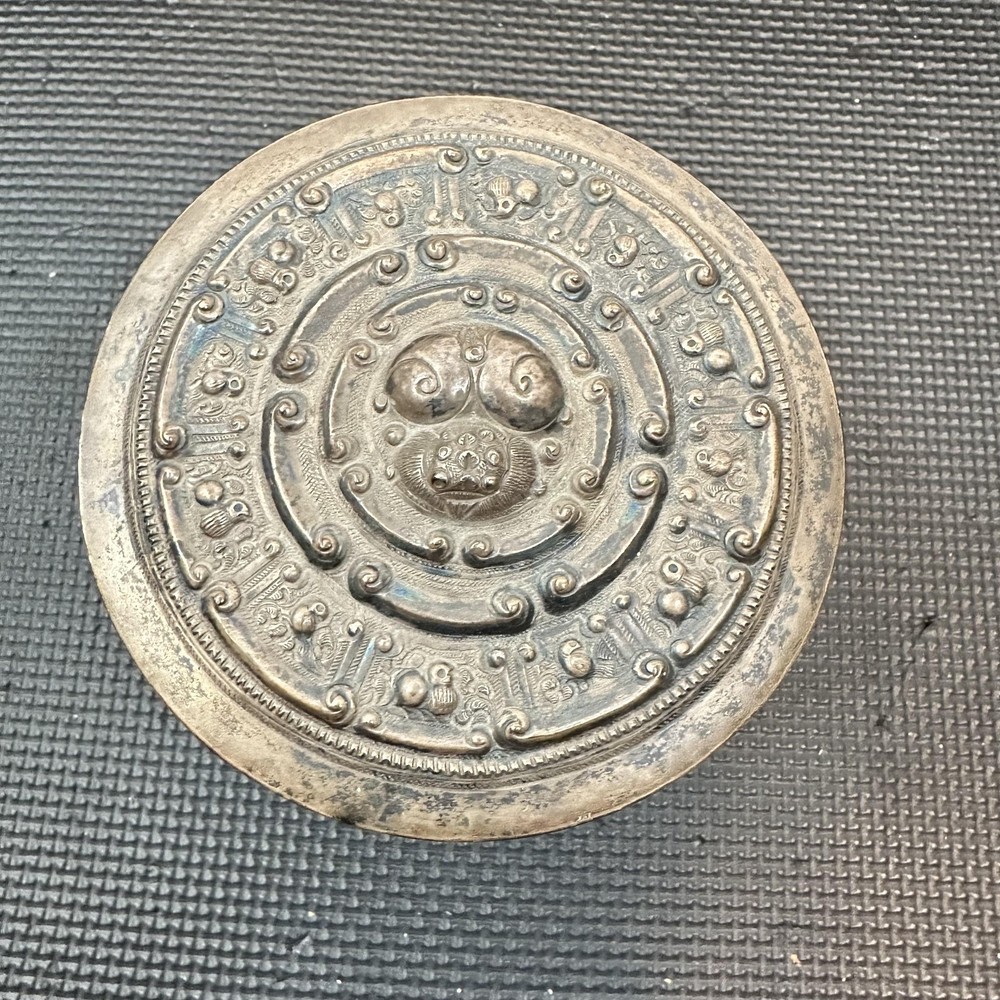 Antique Tin Burmese Betel Ornate Silver Plate Lidded Box Asian Figural 4"