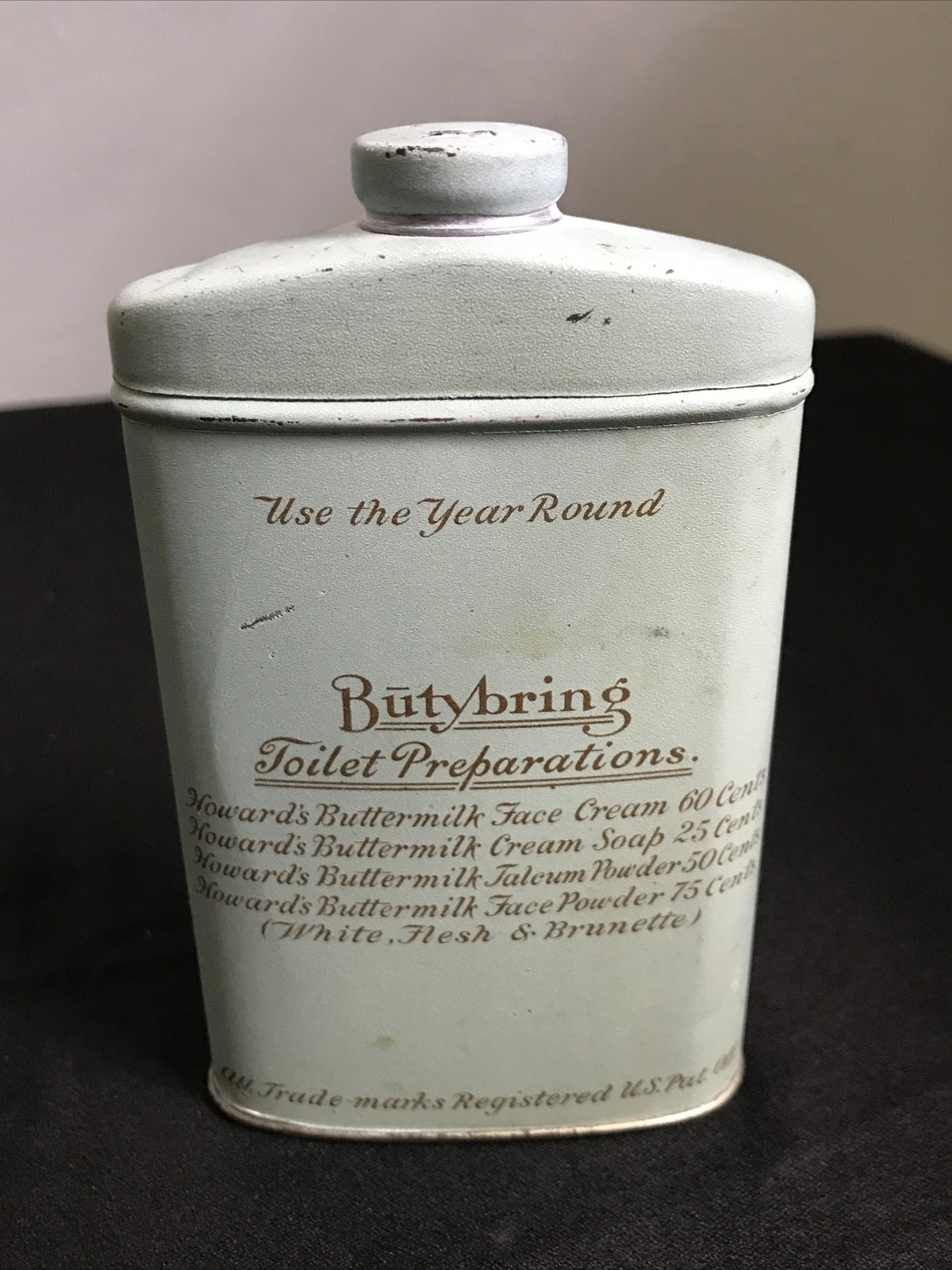 HOWARD Buttermilk Talcum Powder Tin Antique Butybring Howard's Litho Advertising
