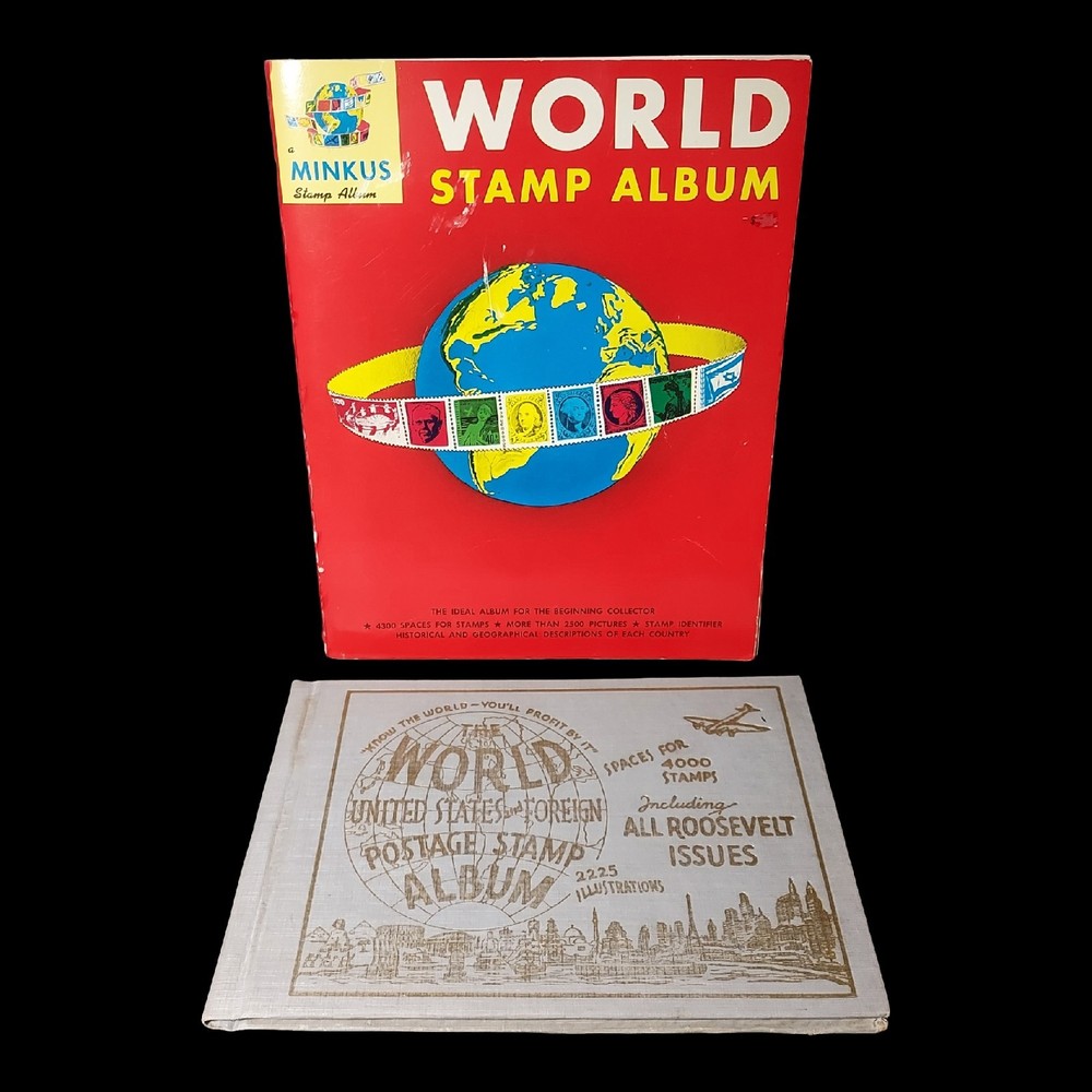 Lot 2 Stamp Books - 1967 Minkus World Stamp Album & 1950 Stamp Album - SEE DESC