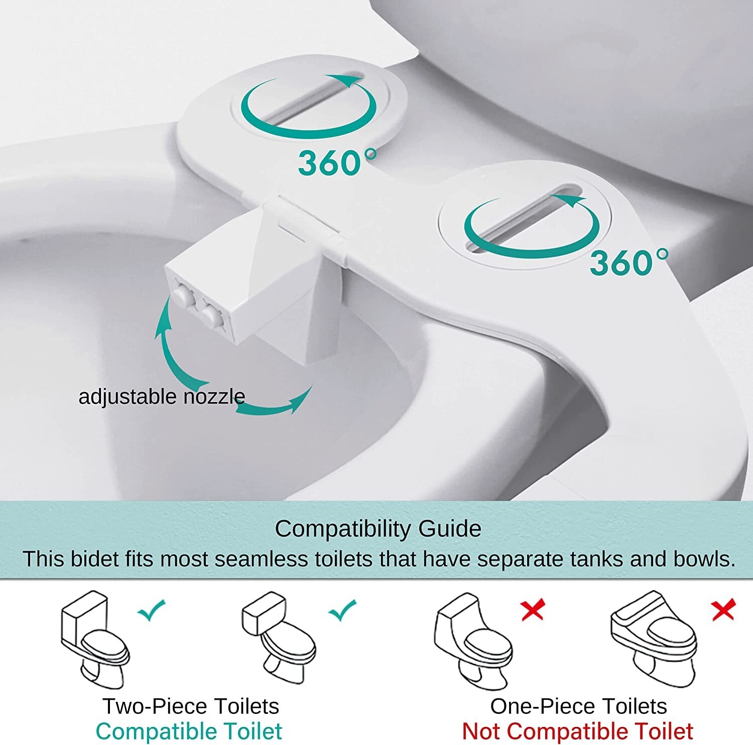 Toilet Bidet Dual Nozzle Left and Right Hand Side Convertible, 3 Color knobs