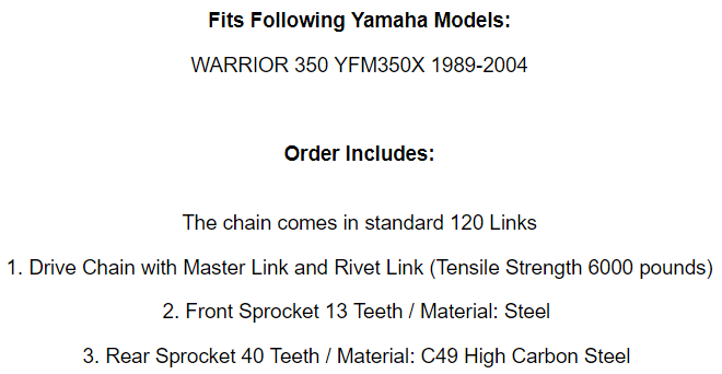 Blue Drive Chain And Sprockets Kit for Yamaha Warrior 350 YFM350X 1989-2004