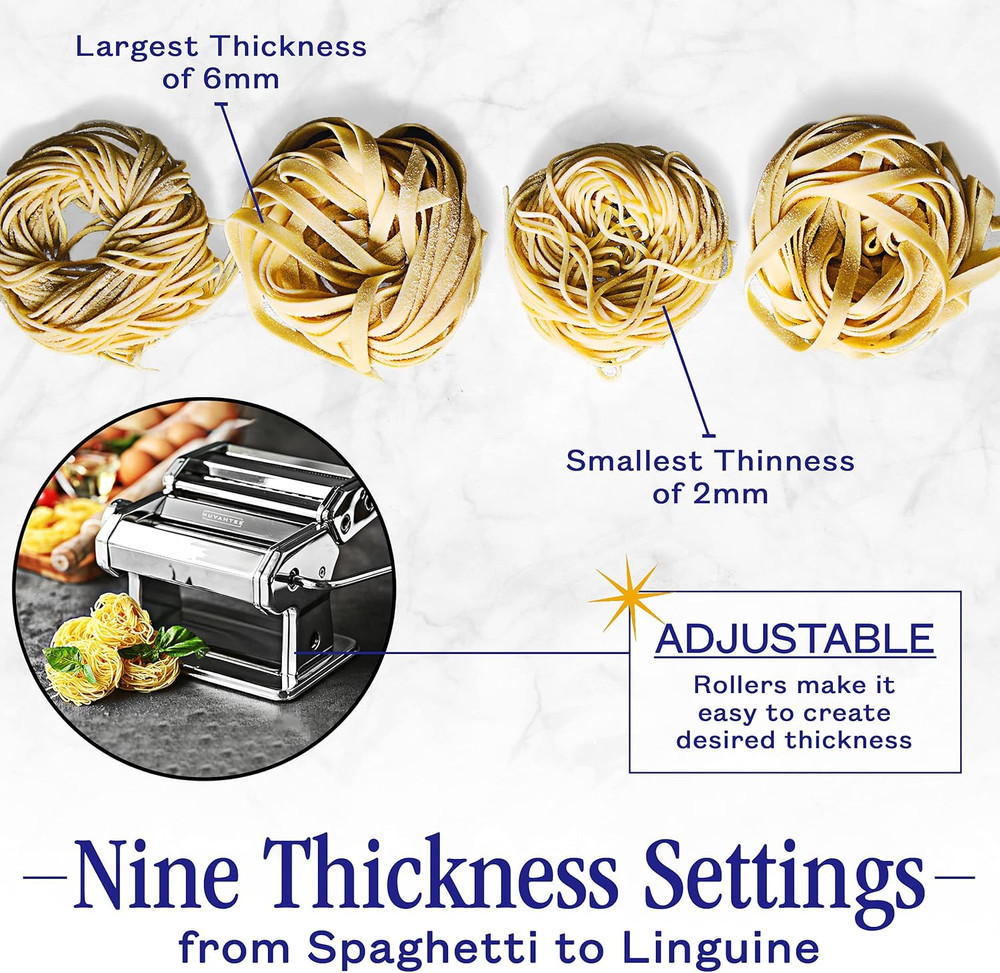 Pasta & Noodle Maker w/7 Adjustable Thickness Settings 2 in 1 w/Rollers & Cutter