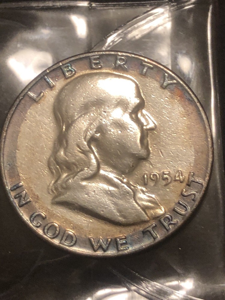1954 D franklin half dollar Rainbow Toned