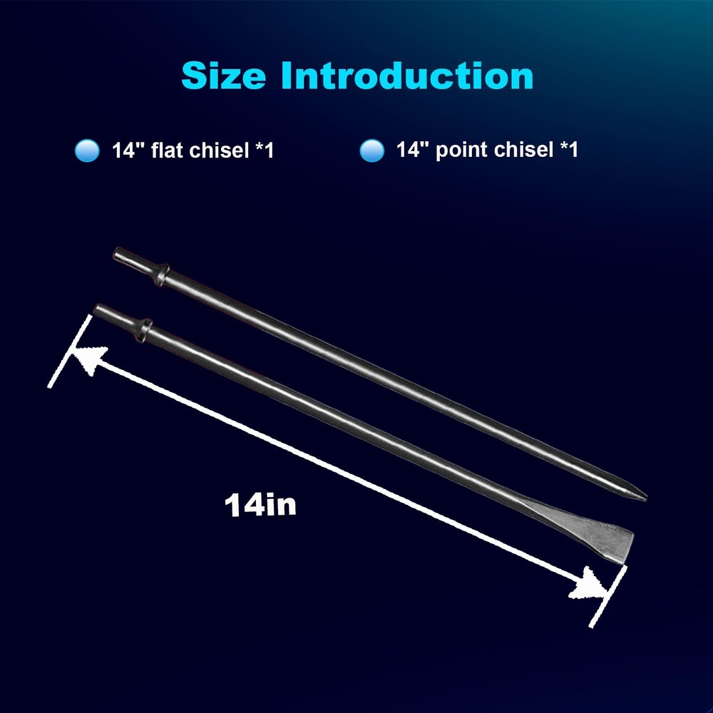 3/4" Width 14" Long Pneumatic Air Hammer Chisel Set Flat and Point Bits
