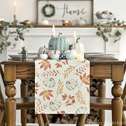 Pumpkins Fall Maple Leaves Fall Table Runner, 13" x 60", Table Runner Orange