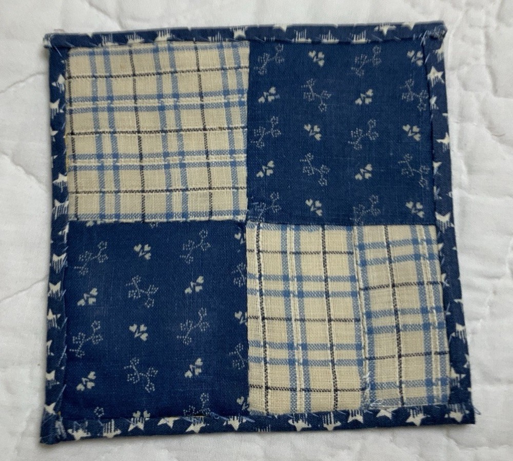 Vintage Antique Patchwork Quilt Table Topper, Small, Four Patch, Calicos, Blue