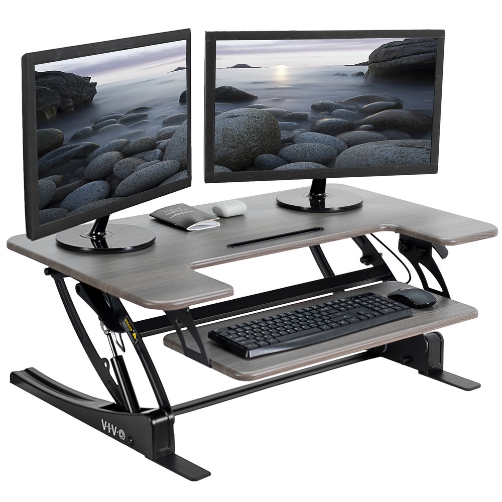 VIVO Gray Height Adjustable Standing Desk Riser, Tabletop Sit-Stand, Black Frame