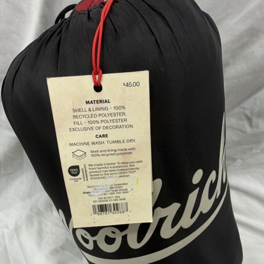 Woolrich Black Sleeping Bag 100% Recycled Polyester Shell & Lining Synthetic