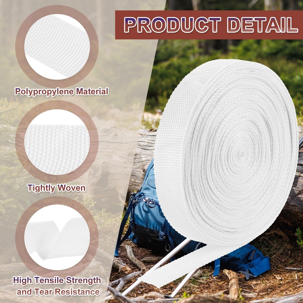 Nylon Webbing Strap, 22 Yards x 1-1/4" Polypropylene Flat Webbing Strap (White)
