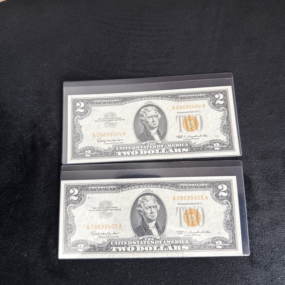 1963 -2 Consecutive- $2 Dollar Bill ( Yellow SEAL🔥)