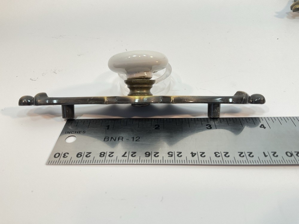 2 Vintage Amerock Porcelain Cabinet Drawer Knobs Pulls Bronze Brass Backplate 5”