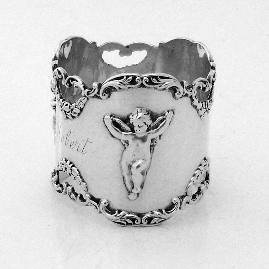 Large Cherub Napkin Ring Shreve Sterling Silver Mono Robert